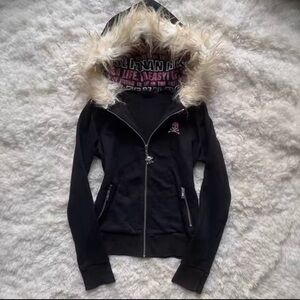 Black Zip-Up Hoodie Jacket with Faux Fur Hood